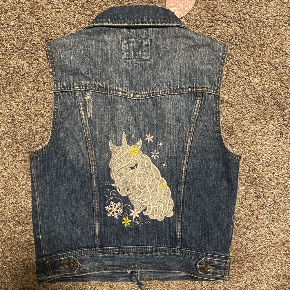 Forever 21 Blue Denim Vest unicorn 🦄 embroidered small - Picture 5 of 7